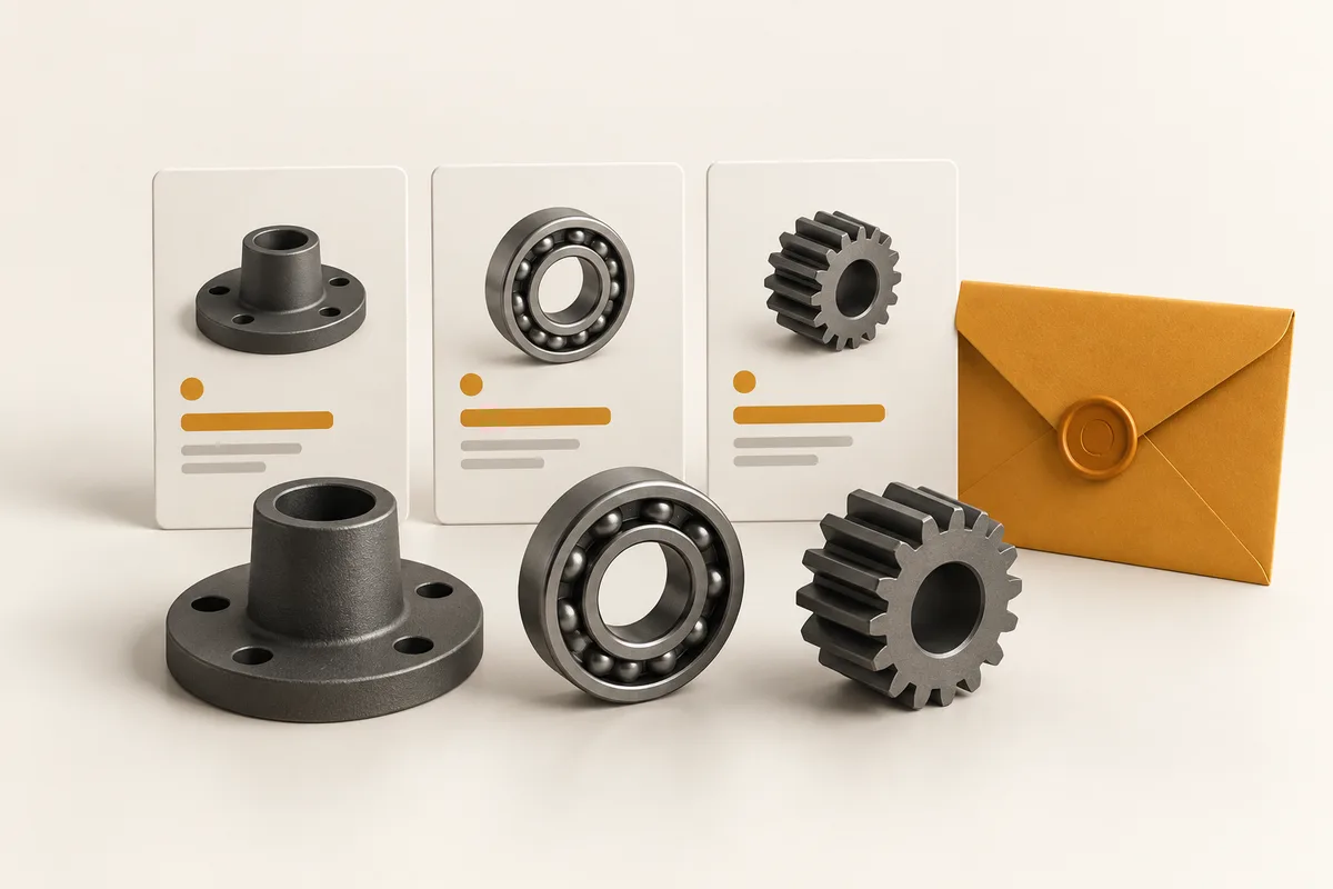 Промышленные детали, карточки продукции и конверт для запроса коммерческого предложения